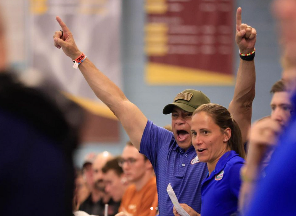 Nesty showing a lot of excitement over his team successes at a swim meet | Photo: Instagram @anthony_nestyuf and @gatorsswimdv