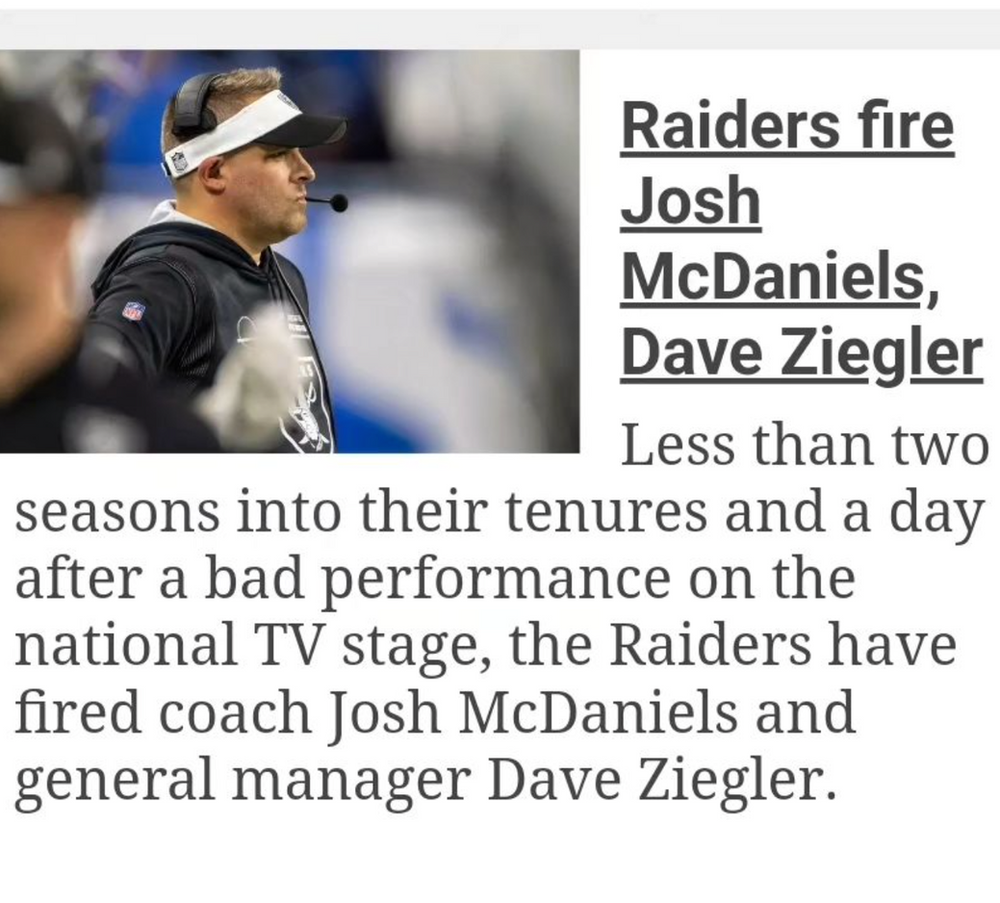 Raiders are looking for a fresh start with the firing of Head Coach McDaniels. Photo: Instagram