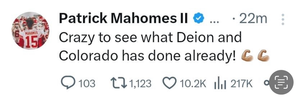 Patrick Mahomes II acknowledges the work that Deion Sanders is doing at Colorado.  Credit Mahomes X. 