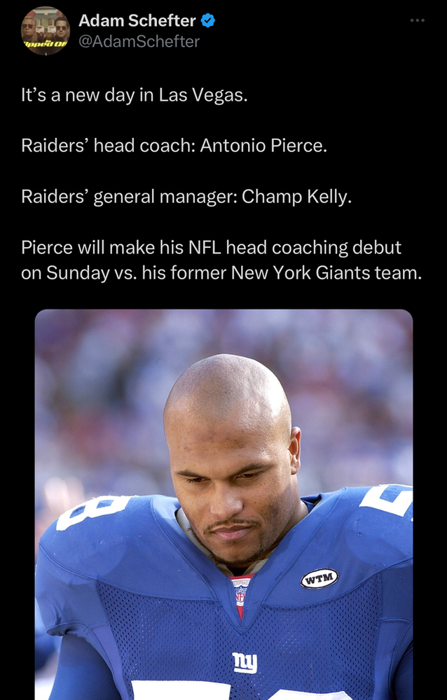 Adam Schefter Reports that long-time Giants Standout Linebacker Antonio Pierce will serve as interim head coach of the Las Vegas Raiders. Photo Credit Adam Schefter X Account. 