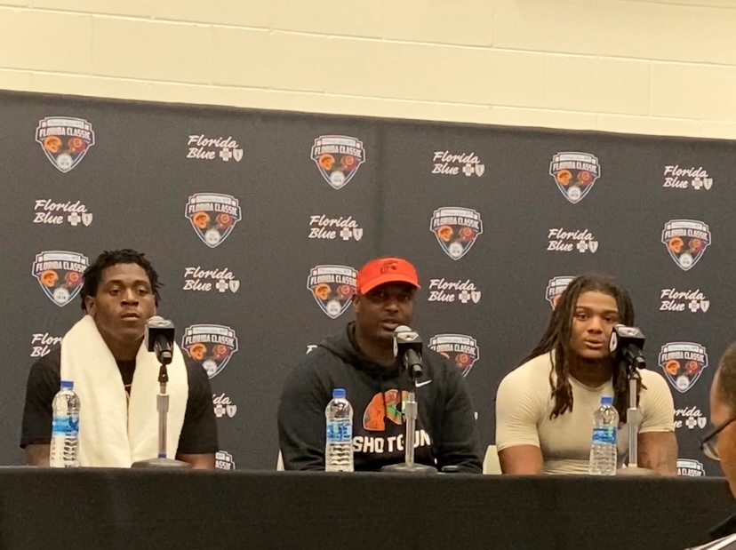 Post-Game Press Conference: Terrell Jennings (Left of photo), Head Coach Willie Simmons (Center), & linebacker Isaiah Major (Right of photo) (Photo Credit: Camille Grant)