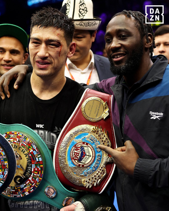 Bivol and Bud celebrate his victory in ring.